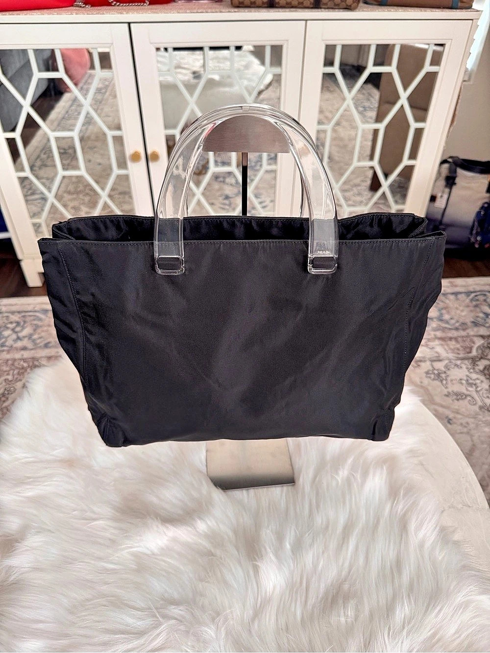 Prada Tessuto Nylon Tote Bag with Clear Plexiglass (Lucite/Acrylic) Hand